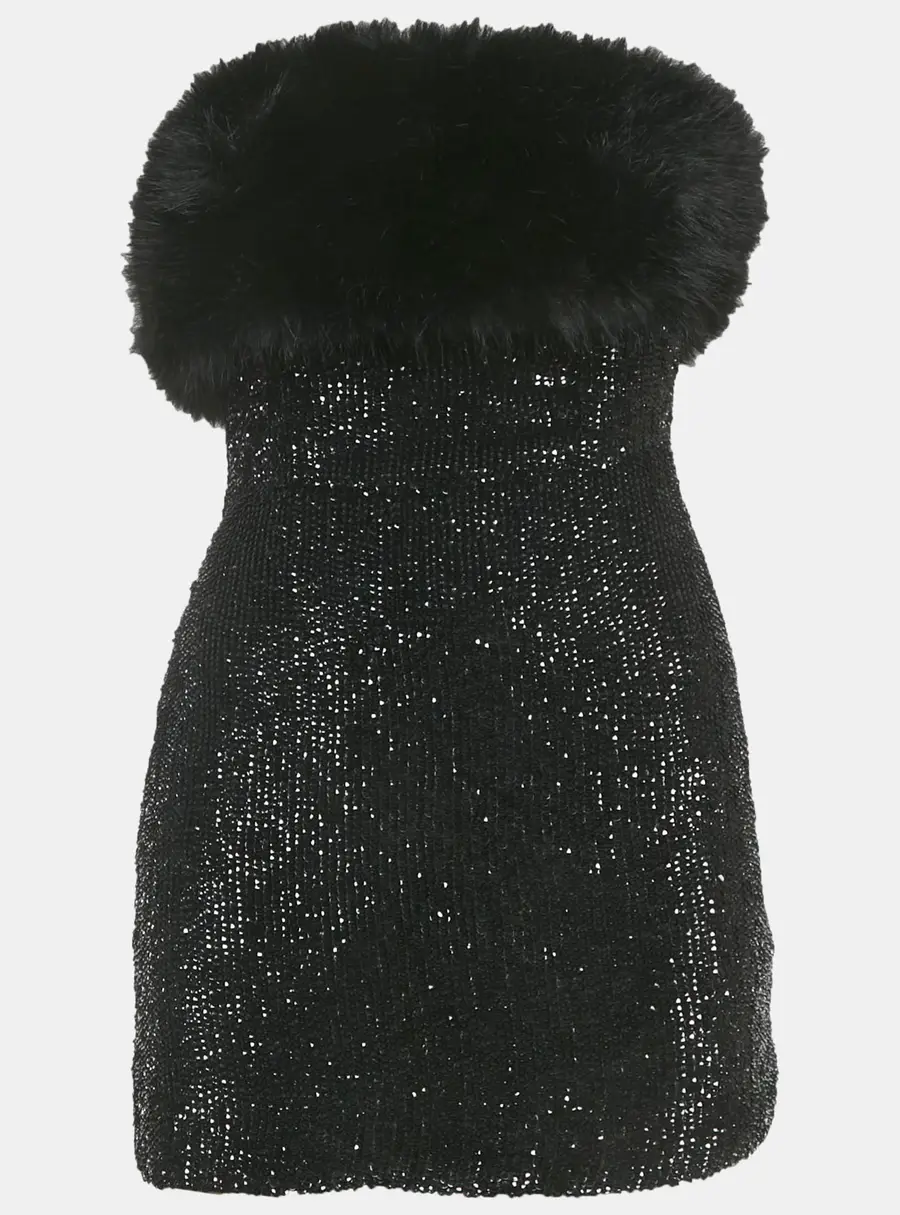 Retrofete Sequins Faux Fur Detail Strapless Mini Dress XS