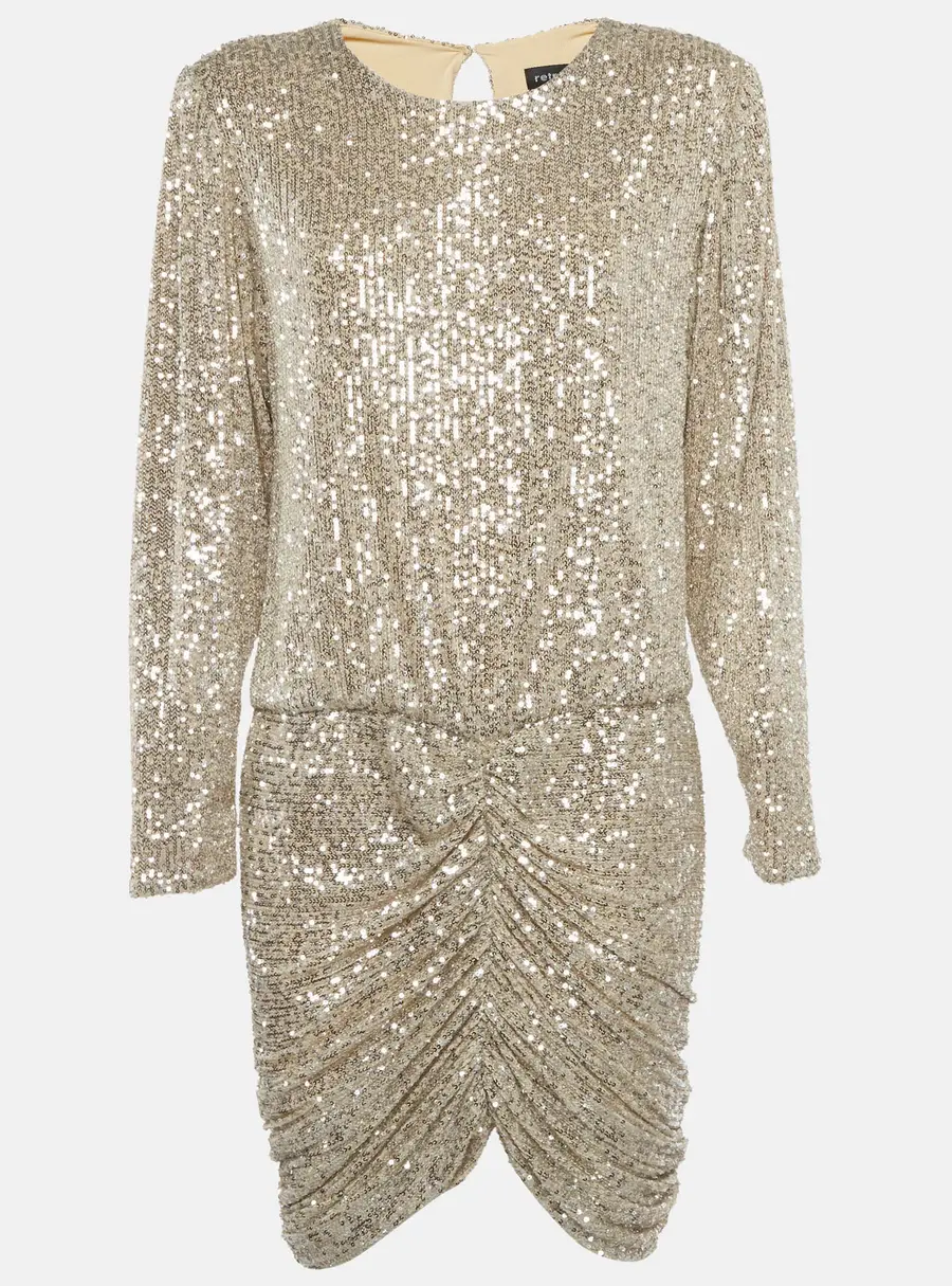 Retrofete Silver Sequin Jersey Flynn Ruched Mini Dress L