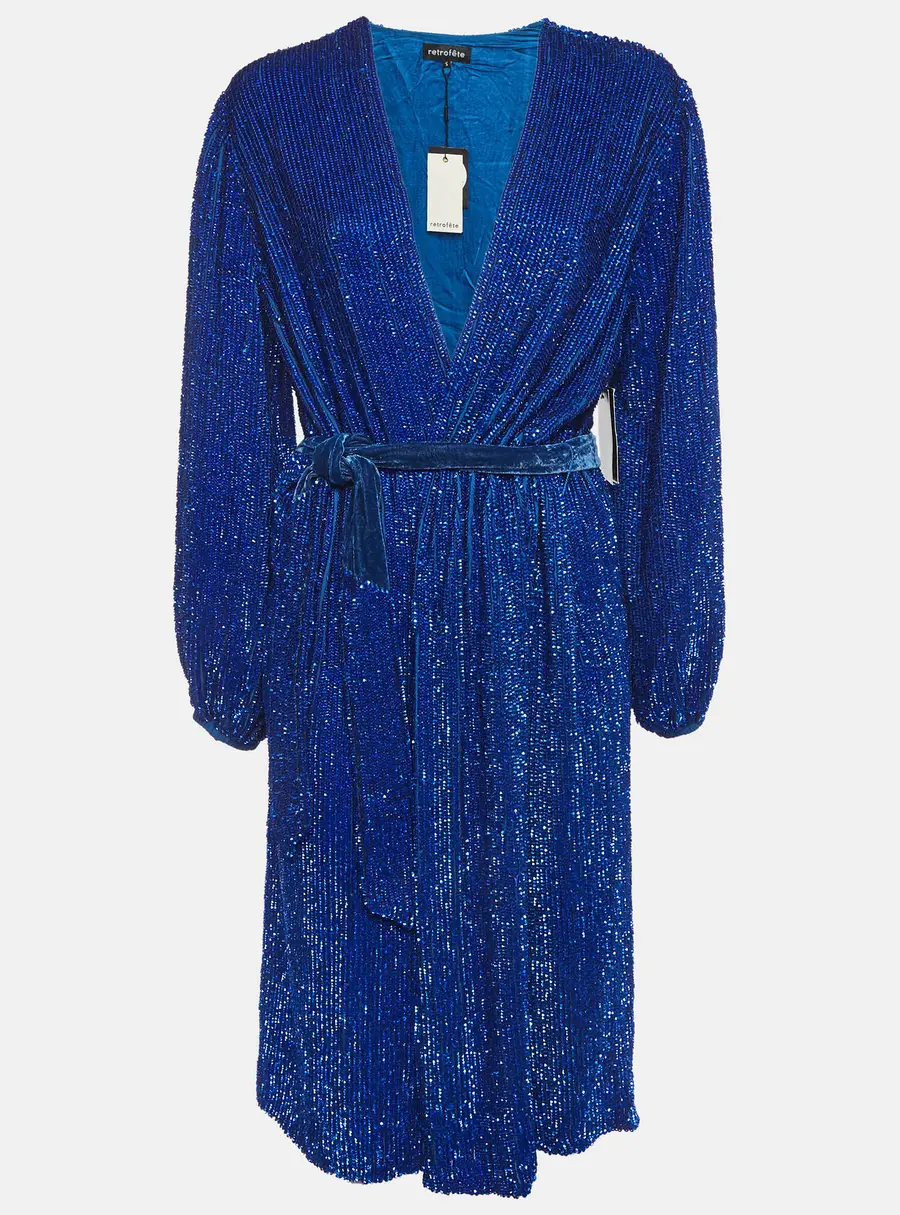 Retrofete Blue Sequin Gabrielle Wrap Dress S