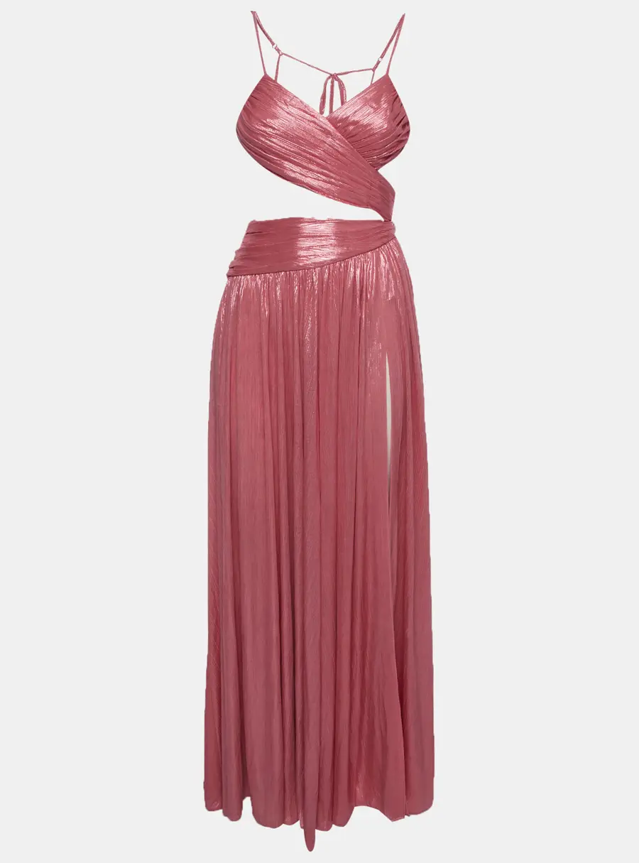 Retrofête Pink Lame Pleated Backless Aglaia Maxi Dress XS