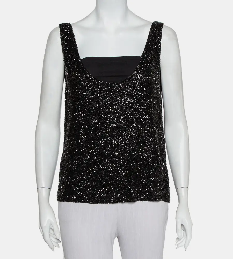 Retrofete Black Sequin & Bead Embellished Synthetic Tank Top L