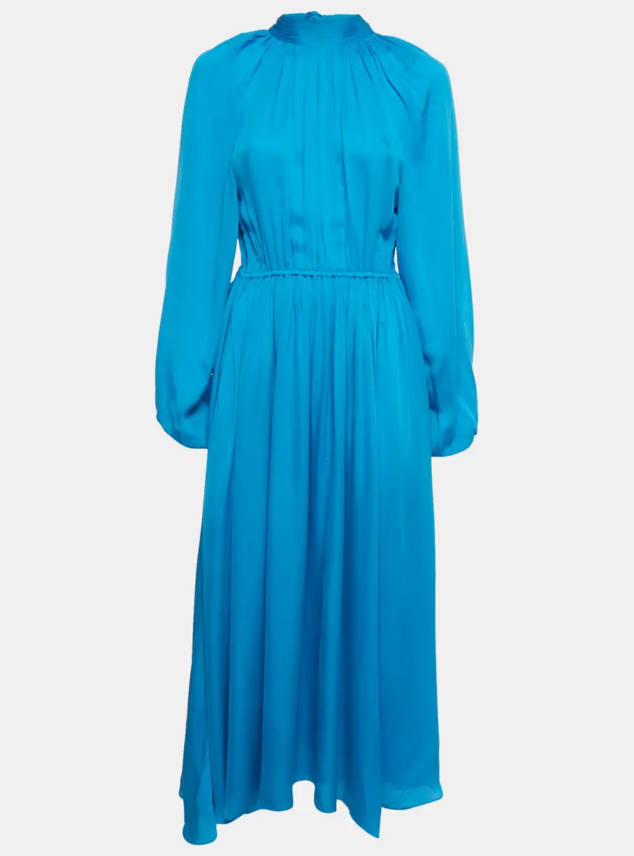 Rhode Blue Crepe Mock Neck Tie Up Midi Dress S