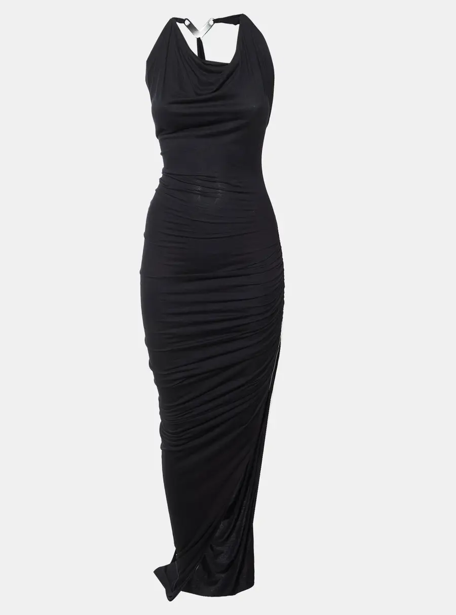Rick Owens Lilies Black Jersey Ruched Long Dress S