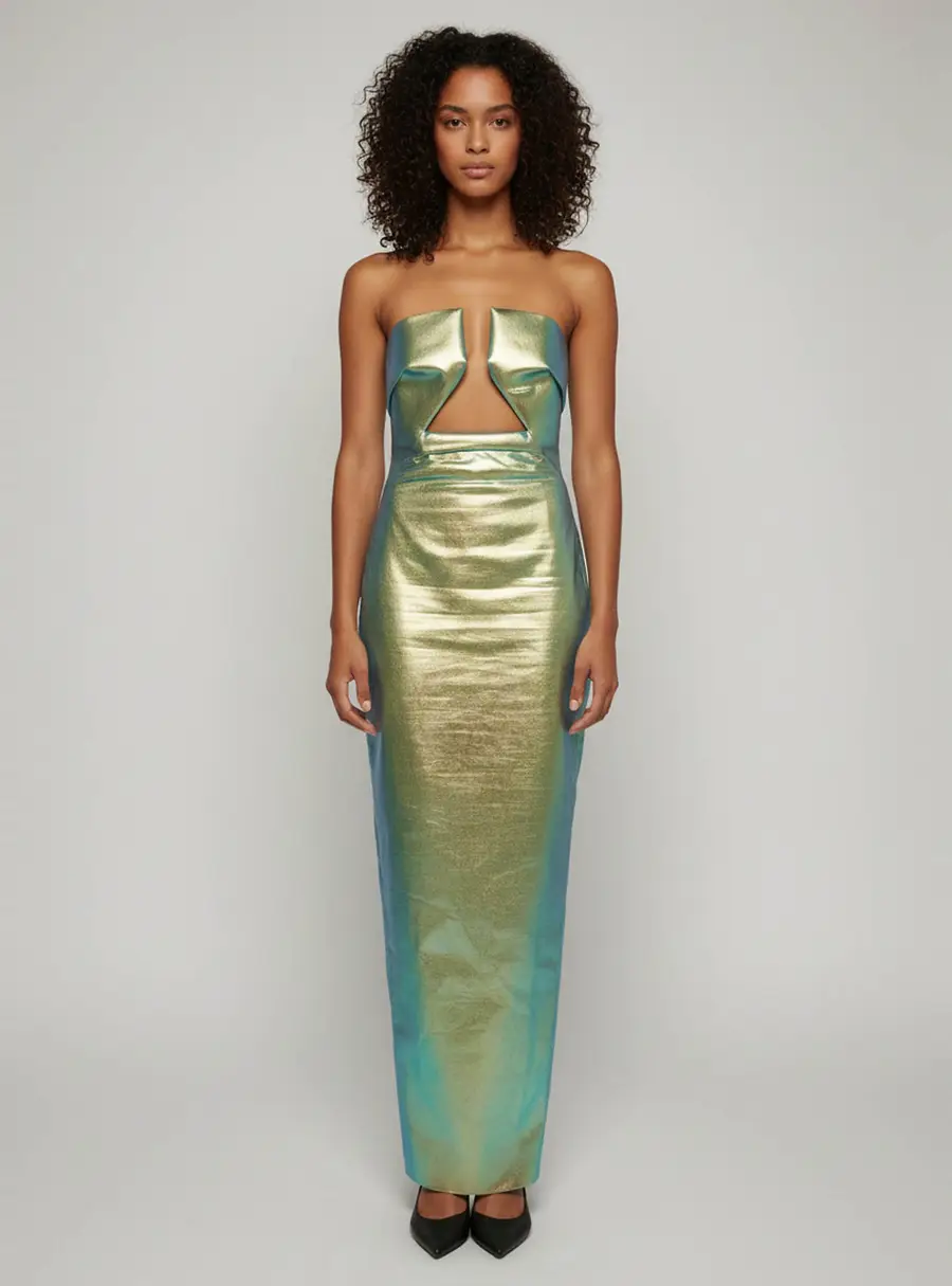 Rick Owens Lame Metallic Dual Tone Structured Strapless Dress M