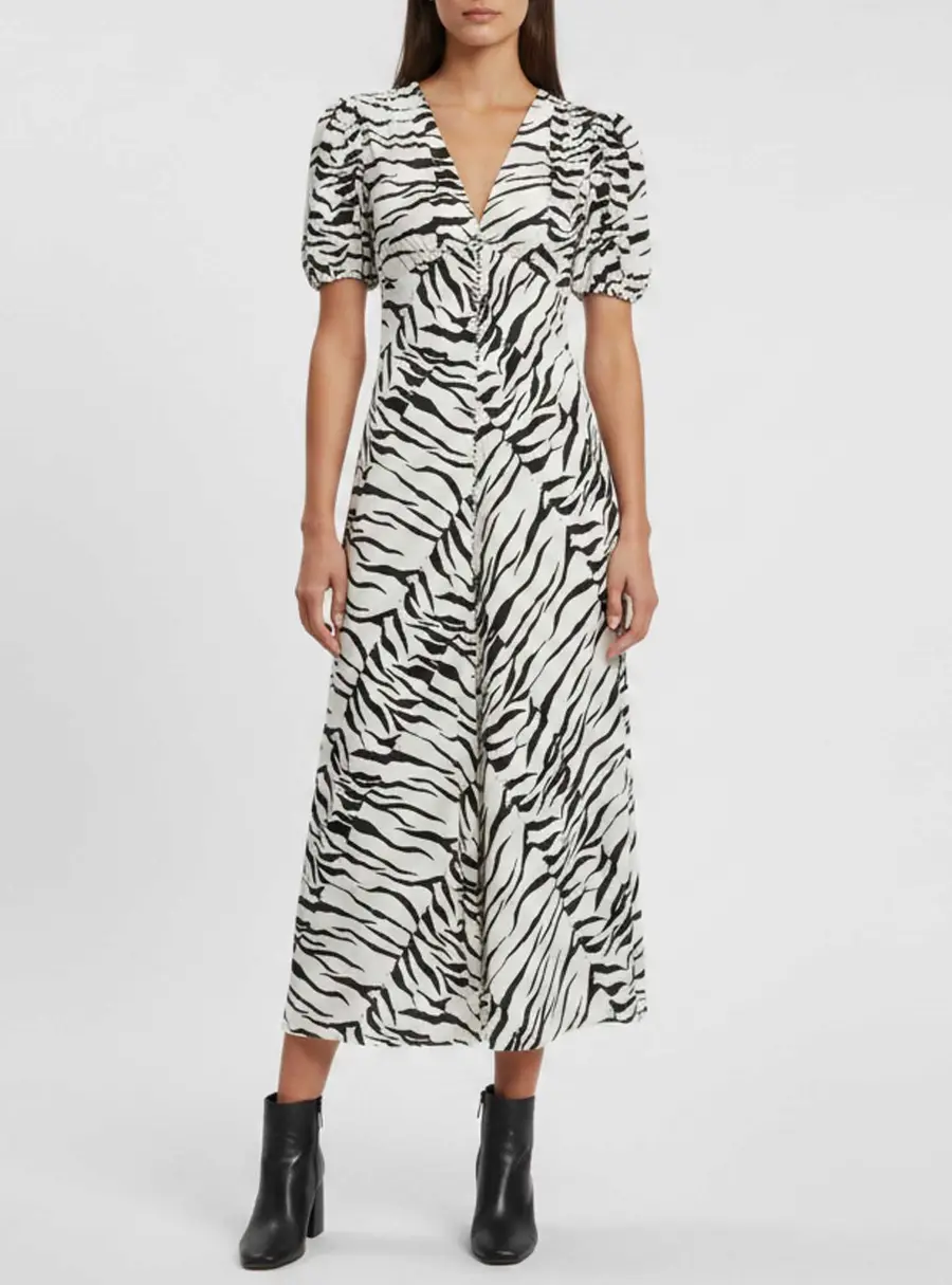 Rixo White/Black Crepe Tiger Print Tonya Midi Dress S
