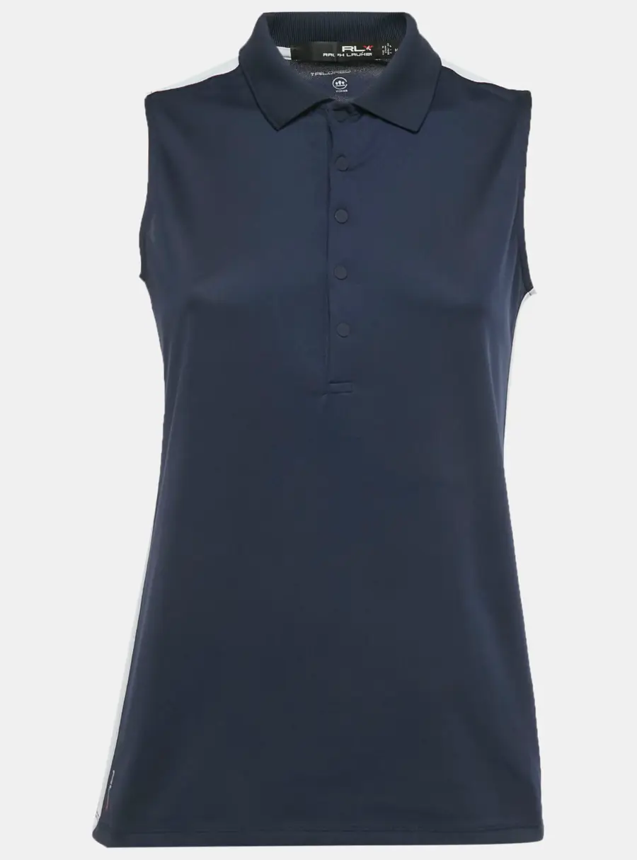 RLX by Ralph Lauren Navy Blue Striped Logo Print Jersey Sleeveless Tailored Fit Top M