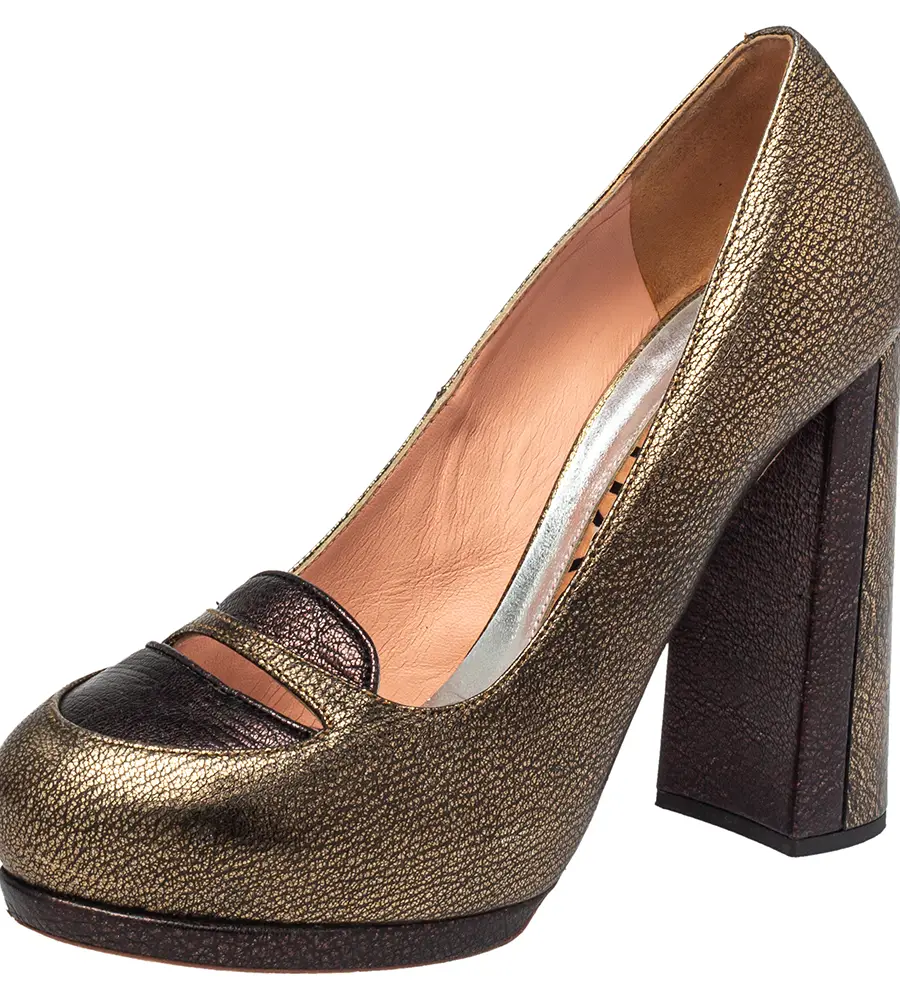 Rochas Metallic Bronze/Brown Leather Block Heel Loafer Pumps Size 39