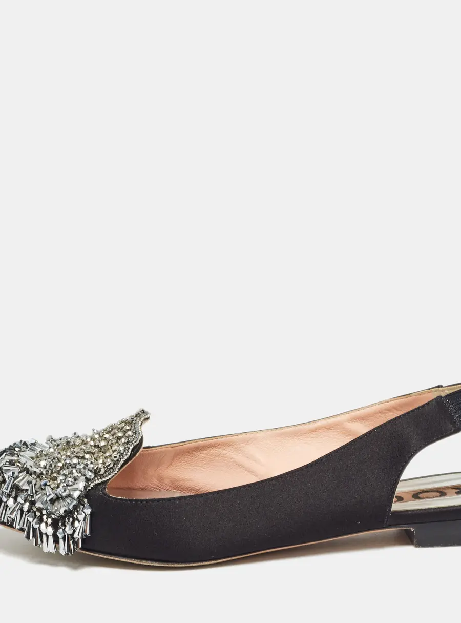 Rochas Black Satin Crystal Embellished Flat Slingback Sandals Size 36