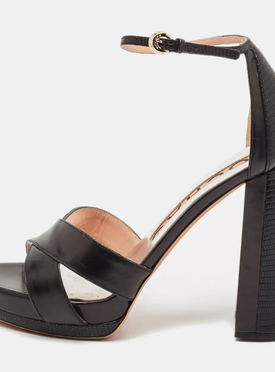 Rochas Black Leather and Lizard Embossed Leather Ankle Strap Sandals Size 40