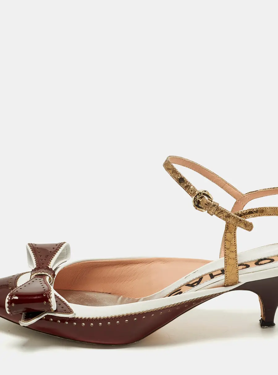 Rochas Size 39.5 Burgundy/White Patent and Leather Bow  Ankle Strap Pumps