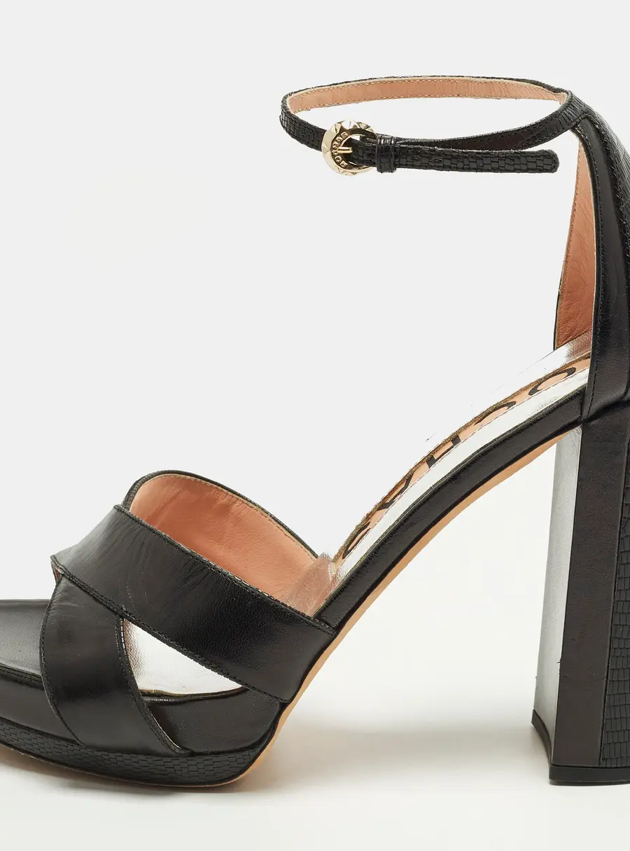 Rochas Size 39 Black Leather and Lizard Embossed Leather Ankle Strap Sandals