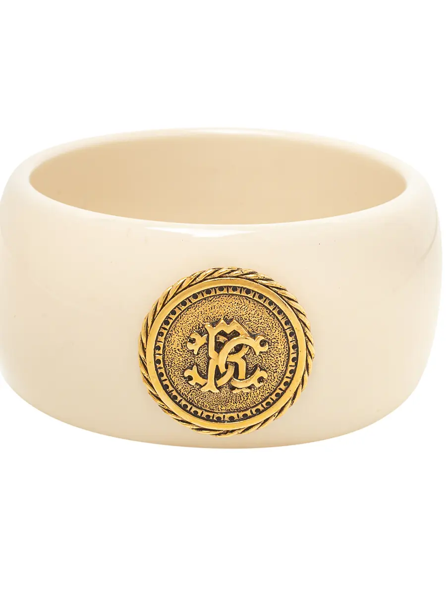 Roberto Cavalli Cream Resin Logo Medallion Wide Bangle Bracelet