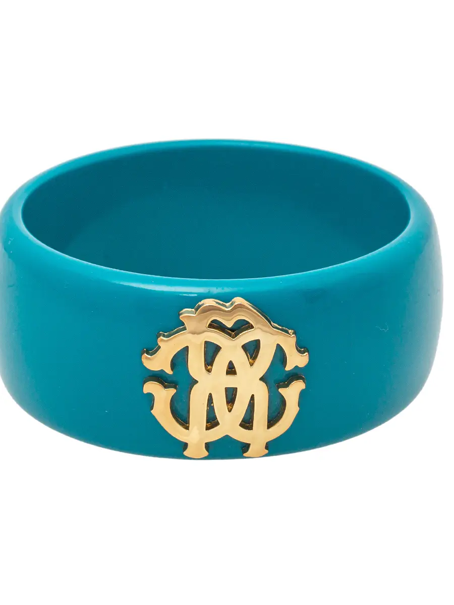 Roberto Cavalli Teal Blue Logo Wide Bangle Bracelet