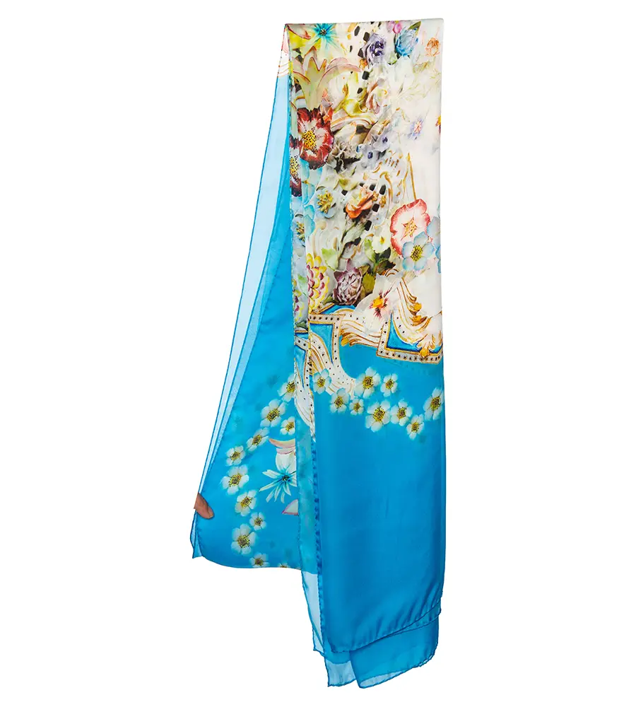 Roberto Cavalli Blue Floral Printed Silk Stole