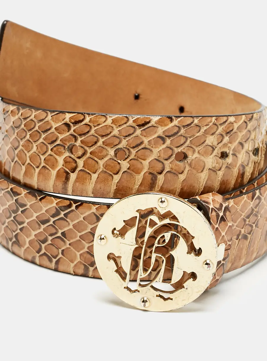 Roberto Cavalli Beige Snakeskin RC Logo Round Buckle Belt 95CM