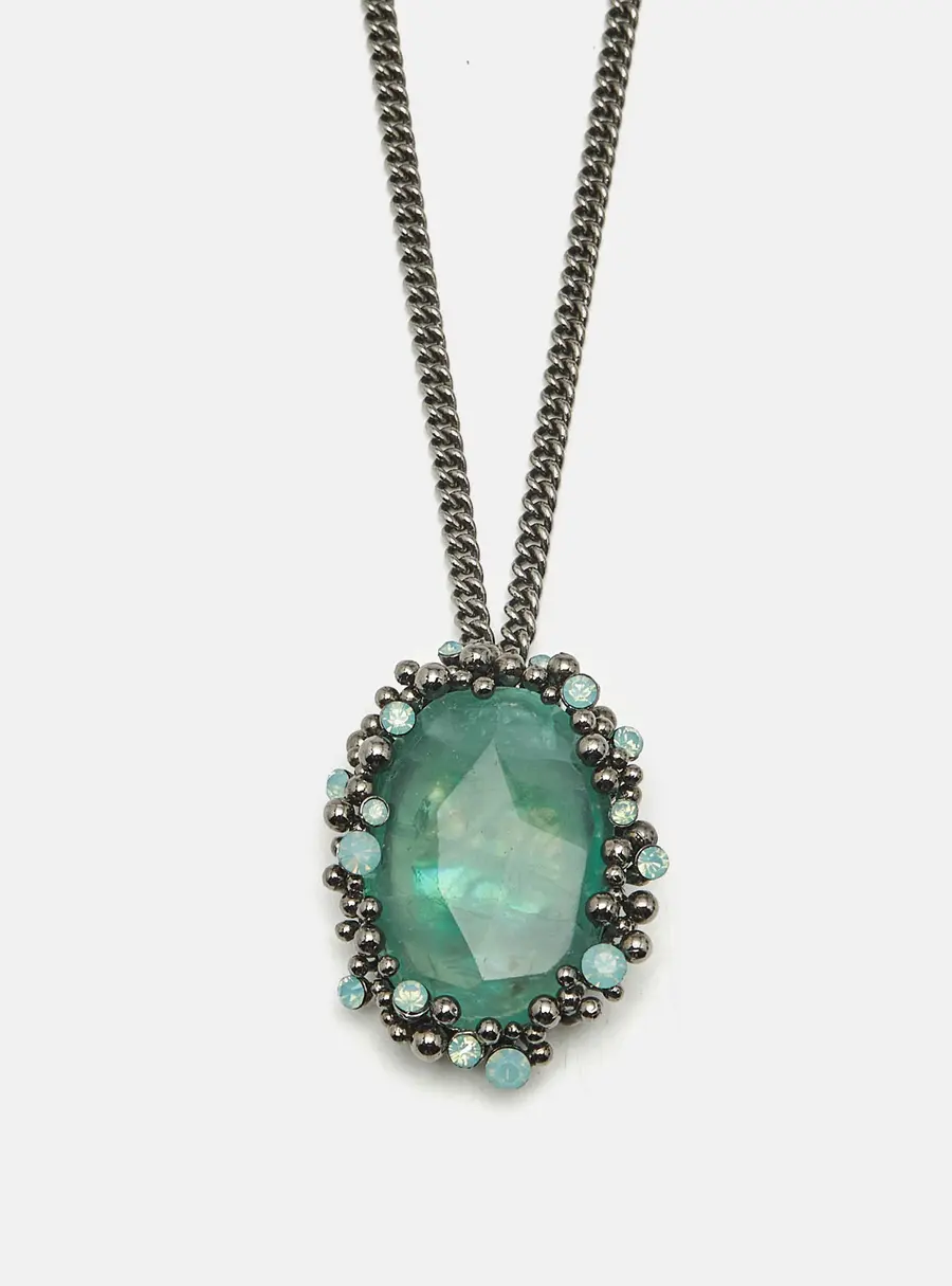 Roberto Cavalli Green Crystal Gunmetal Tone Pendant Necklace