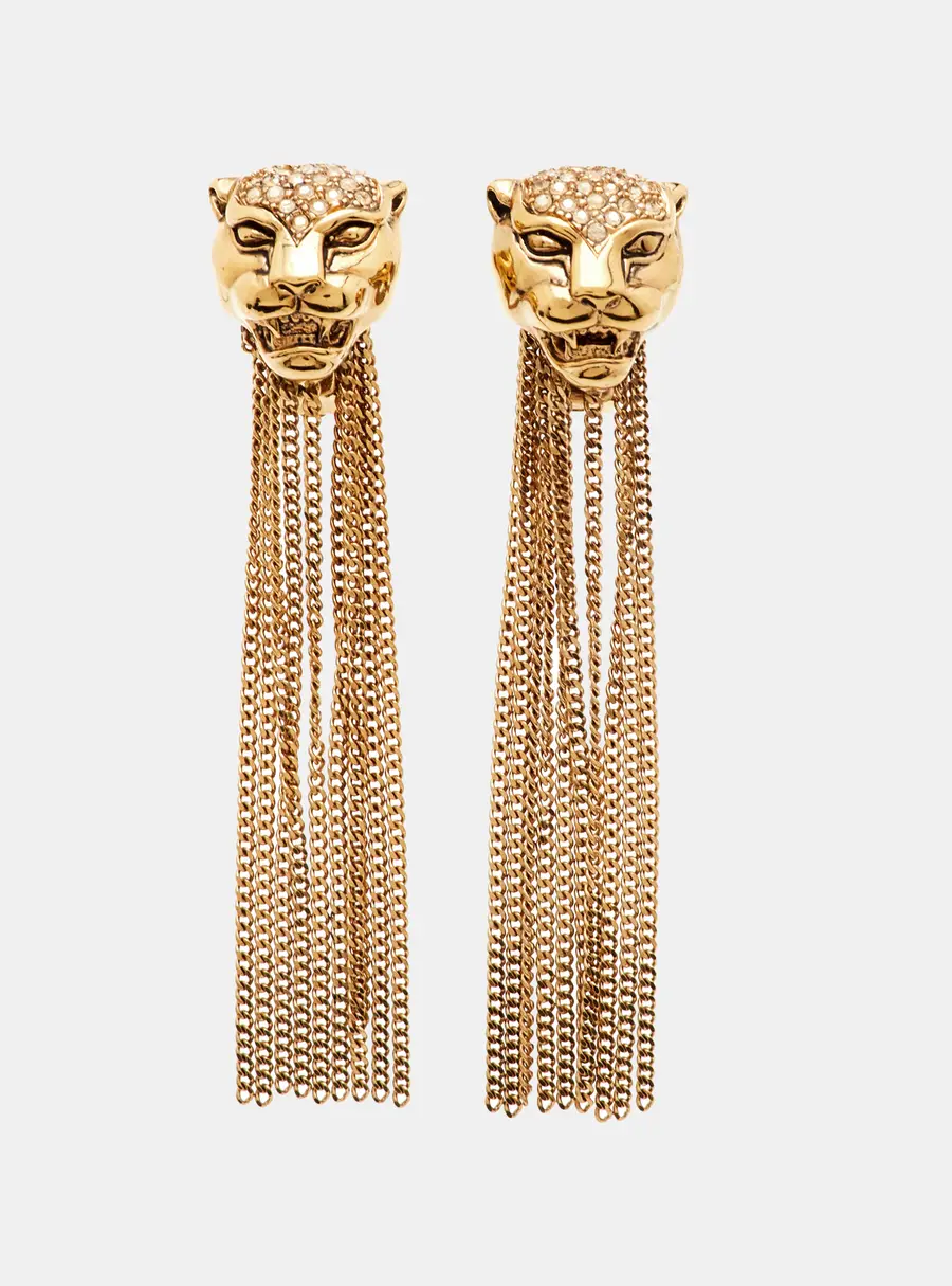Roberto Cavalli Panther Crystal Gold Tone Tassel Drop Earrings