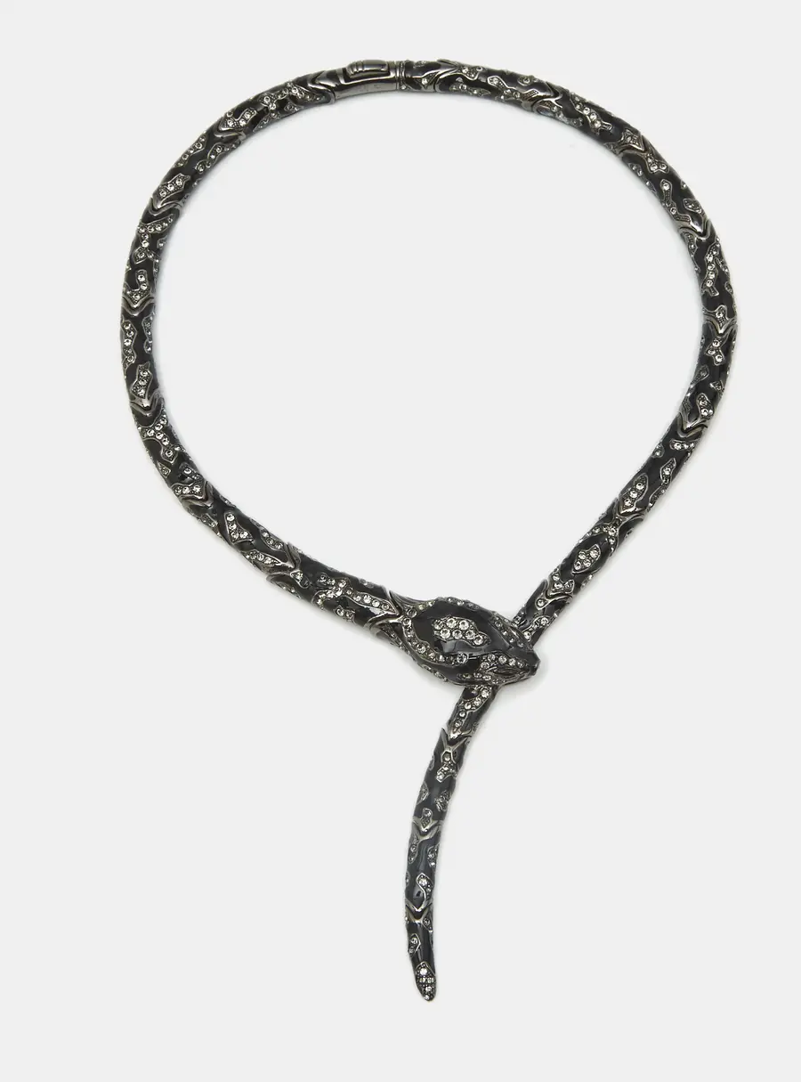 Roberto Cavalli Snake Black Enamel Crystal Gunmetal Tone Collar Necklace
