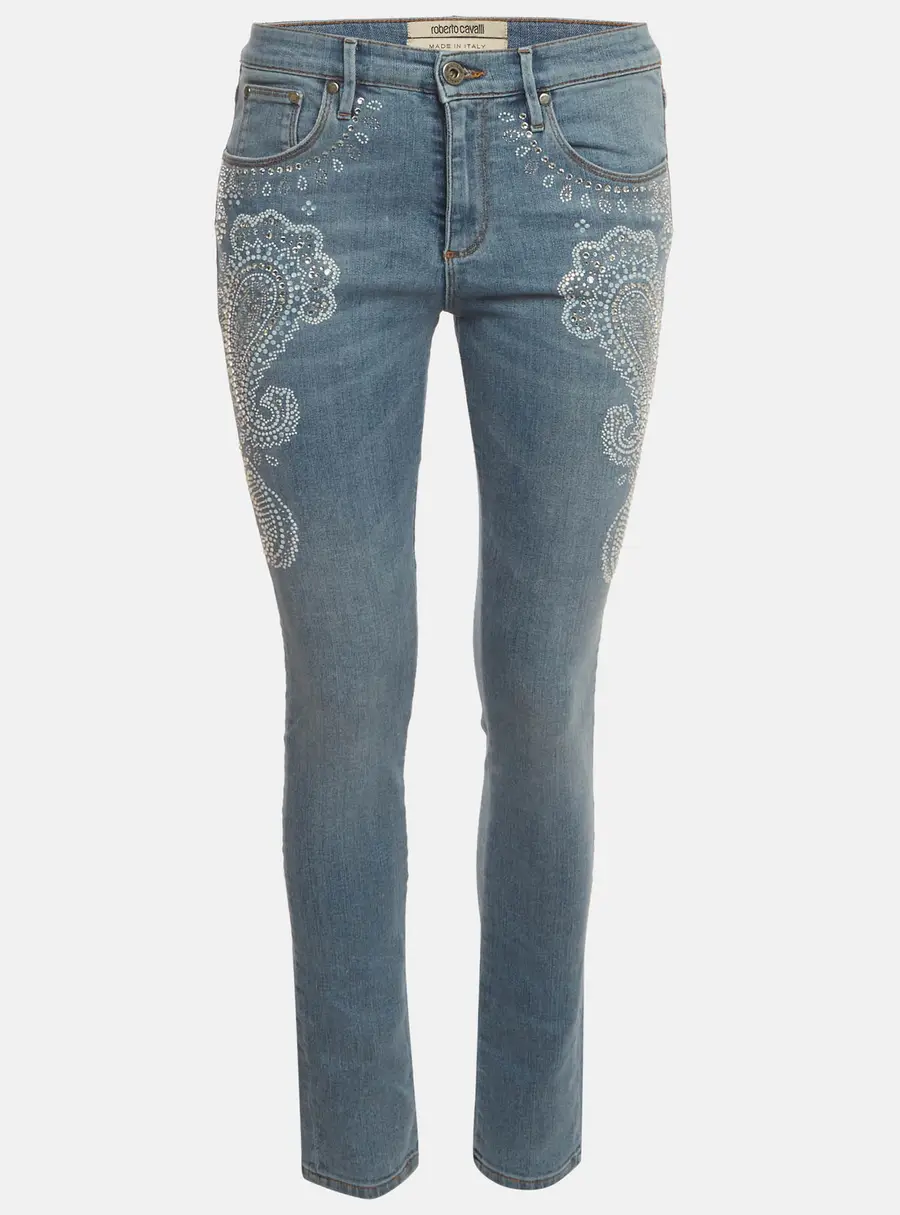 Roberto Cavalli Blue Paisley Crystal Embellished Denim Jeans M/Waist 28"