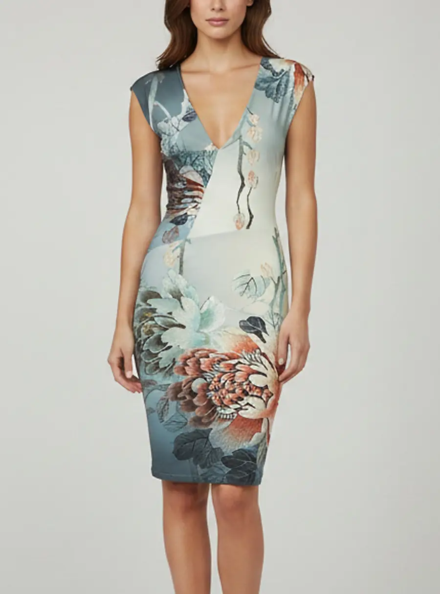 Roberto Cavalli Teal Floral Print Jersey V-Neck Dress S