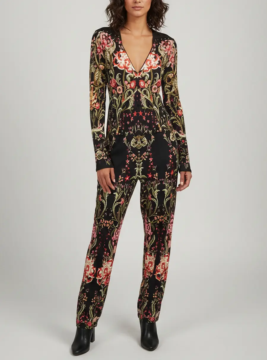 Roberto Cavalli Crepe Printed Long Sleeve Wide Leg L