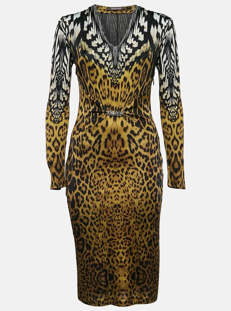 Roberto Cavalli Black Leopard Print V-Neck Midi Dress M