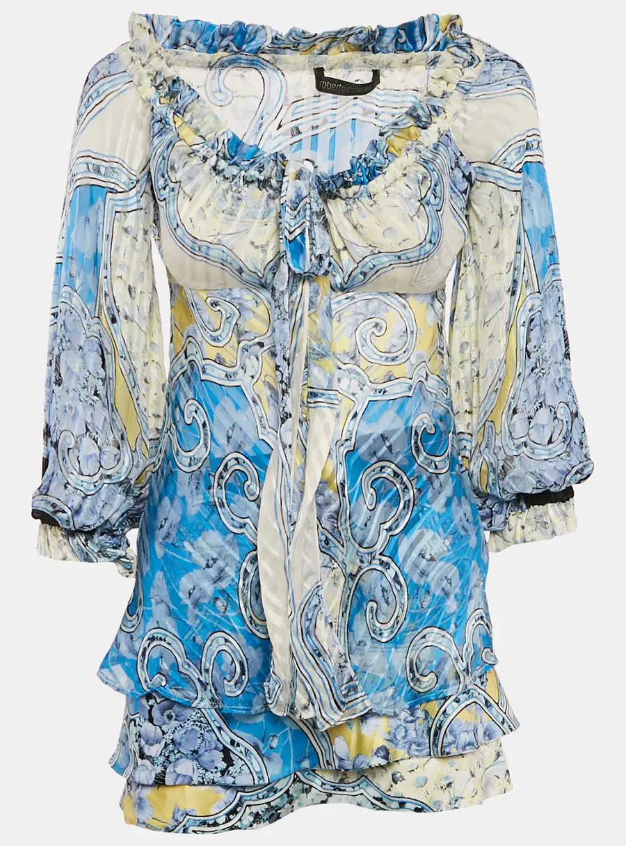 Roberto Cavalli Multicolor Printed Tie-Up Top and Skirt Set S