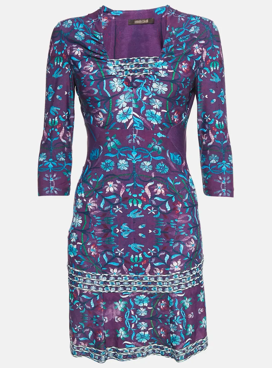 Roberto Cavalli Purple Floral Print Jersey V-Neck Mini Dress M