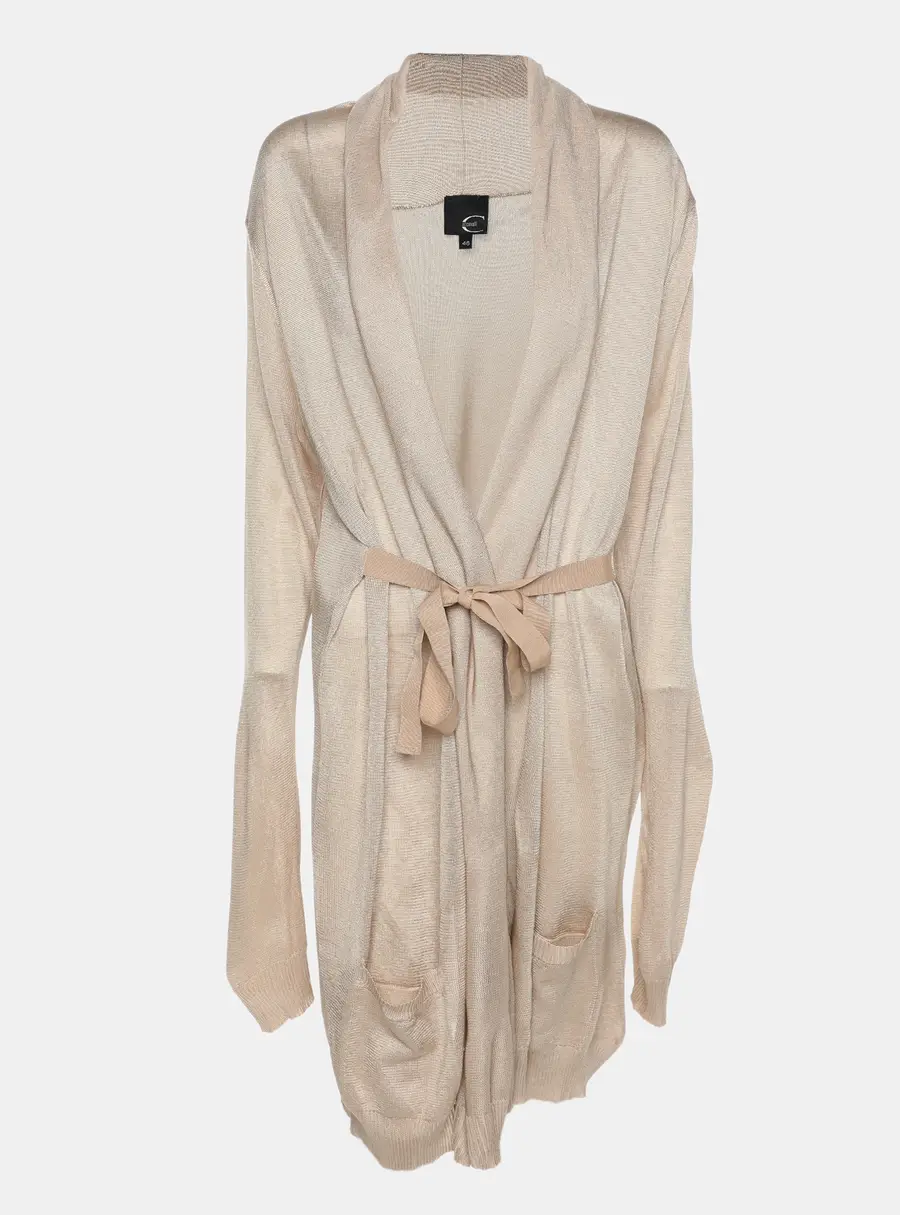 Roberto Cavalli Beige Stretch Knit Belted Cardigan L