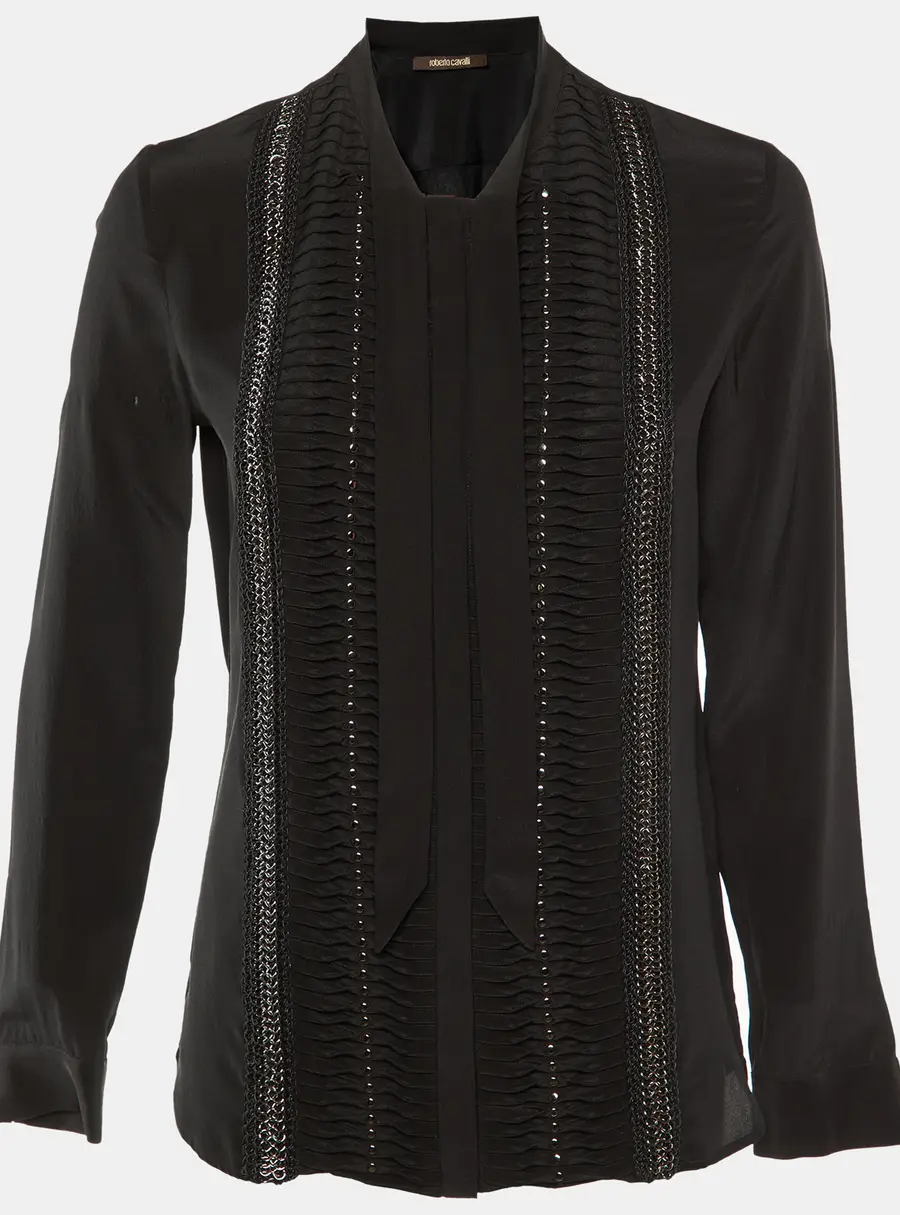 Roberto Cavalli Black Silk Studded Neck Tie Detail Shirt S