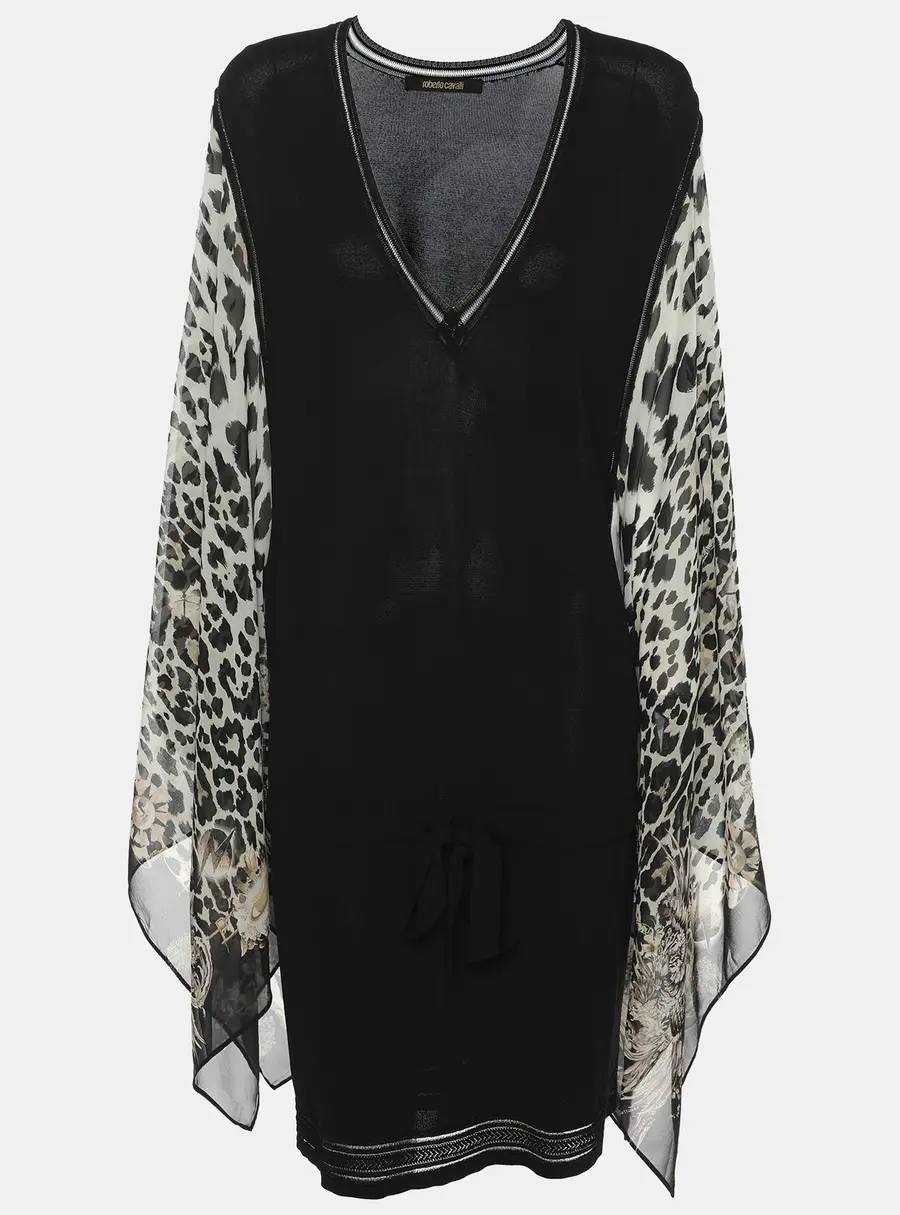 Roberto Cavalli Black Jersey and Animal Print Silk Dress L