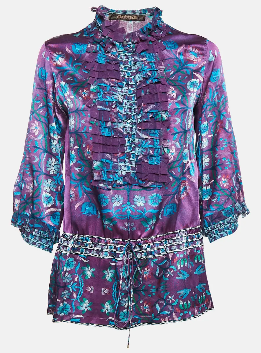 Roberto Cavalli Purple Floral Print Silk Ruffled Top M