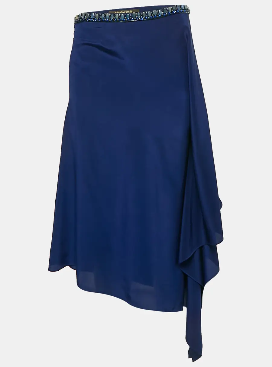 Roberto Cavalli Navy Blue Embellished Waist Silk Handkerchief Hem Skirt L