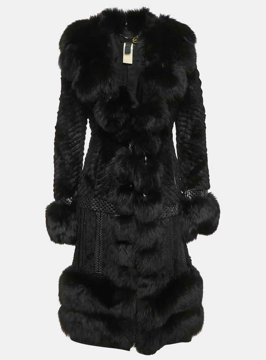 Roberto Cavalli Black Real Fur and Leather Mid-Length Coat S