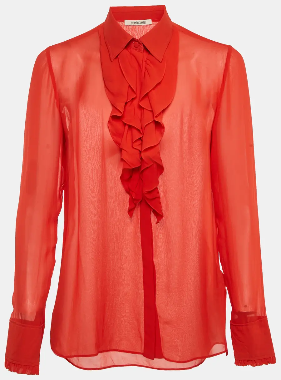 Roberto Cavalli Red Silk Chiffon Ruffle Neck Sheer Shirt S