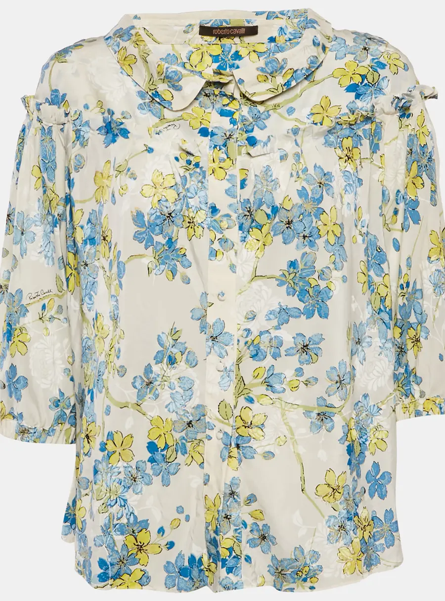 Roberto Cavalli White/Blue Floral Print Silk Ruffled Blouse M