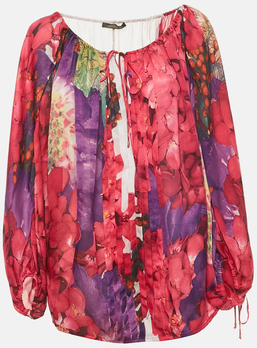 Roberto Cavalli Pink Floral Print Silk Pleated Blouse M
