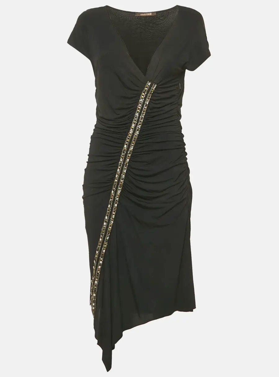 Roberto Cavalli Black  Jersey Embellished Ruche Jersey Mini Dress L