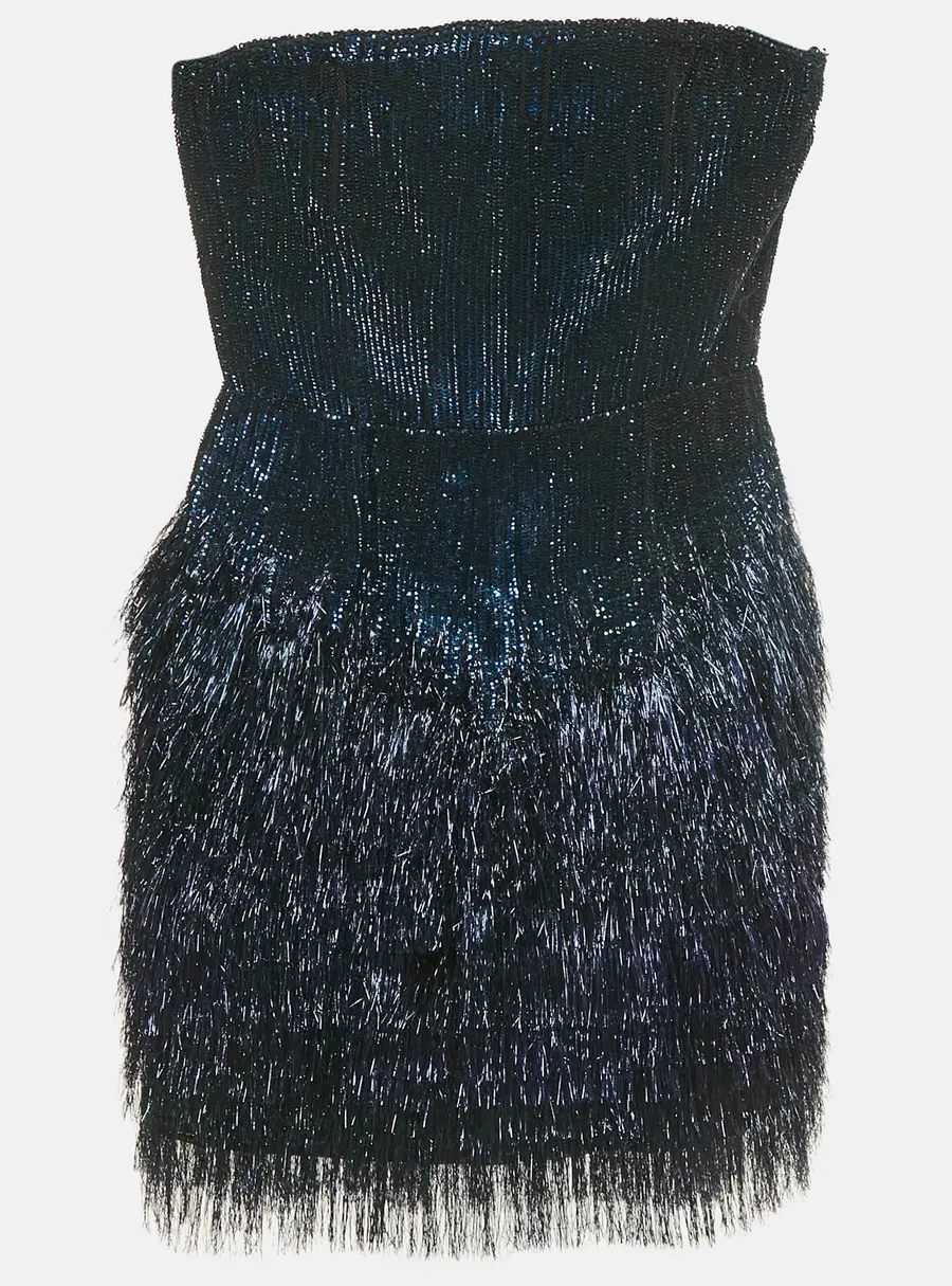 Roberto Cavalli Blue Sequin and Lurex Fringed Strapless Mini Dress S