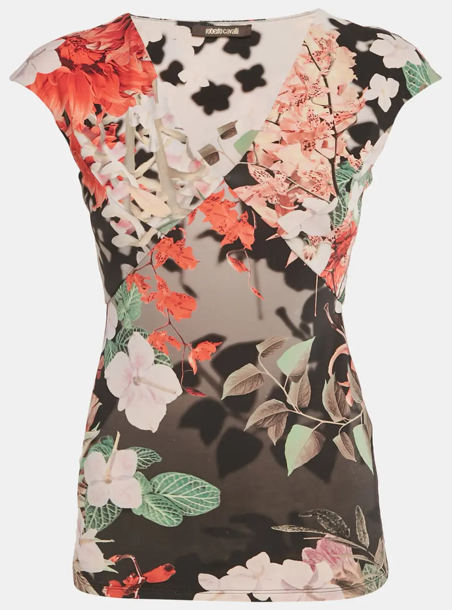 Roberto Cavalli Multicolor Floral Print Jersey V-Neck Top S