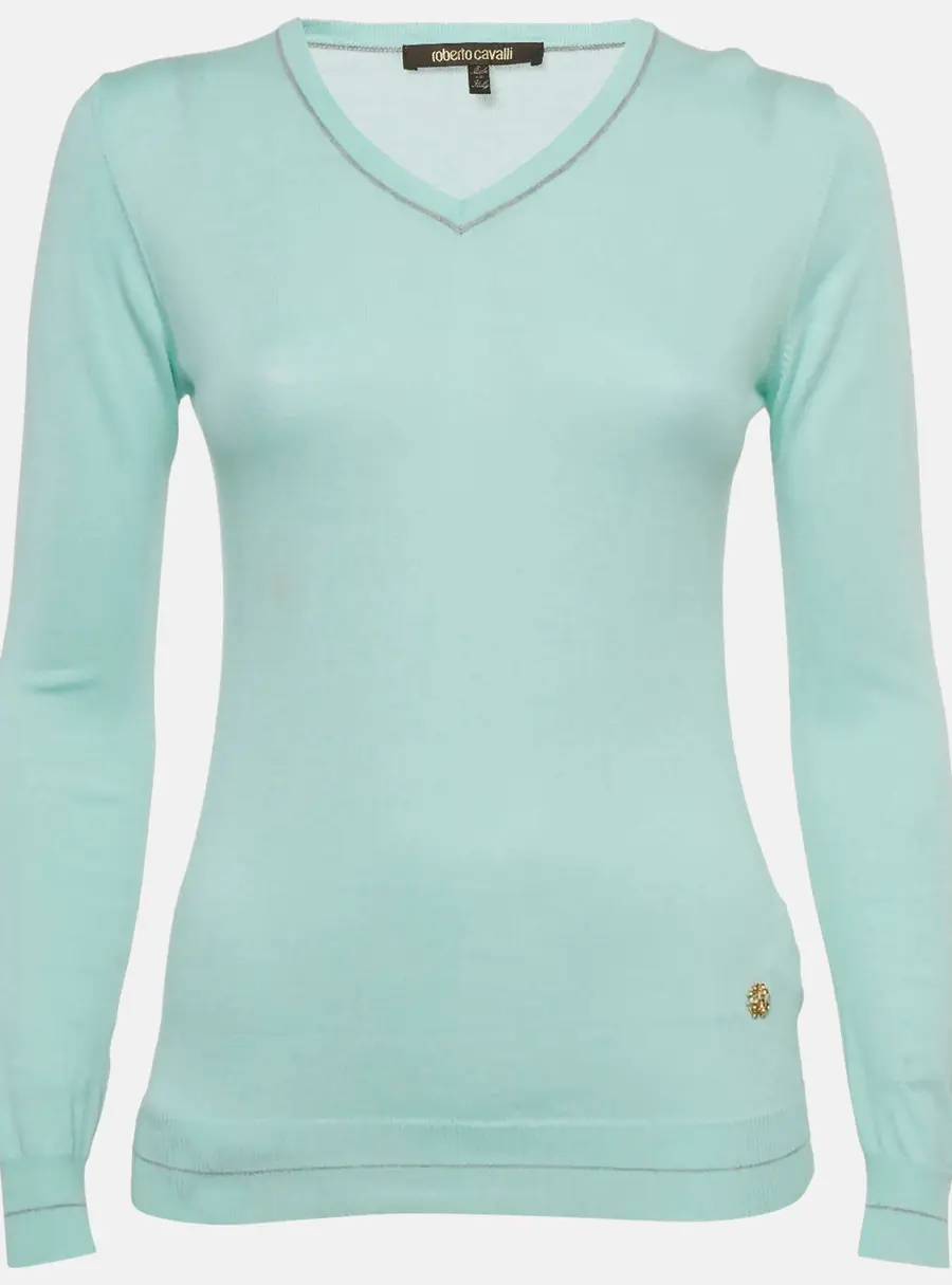 Roberto Cavalli Blue Cotton Knit V-Neck Sweater M