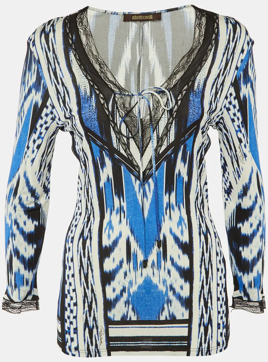 Roberto Cavalli Blue/Black Printed Jersey Lace Detail Top M