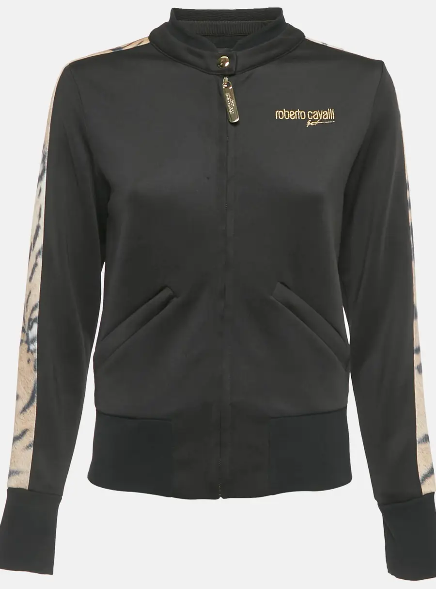 Roberto Cavalli Sport Black Animal Print Trim Crepe Zip Up Jacket S