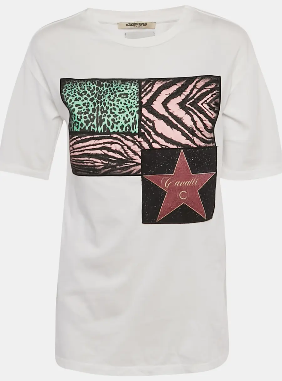 Roberto Cavalli  Multicolor Jersey Walk of Fame Patched Crew Neck T-Shirt XS