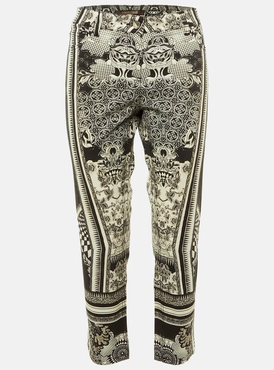 Roberto Cavalli Black Floral Print Denim Cropped Jeans L/Waist 34"
