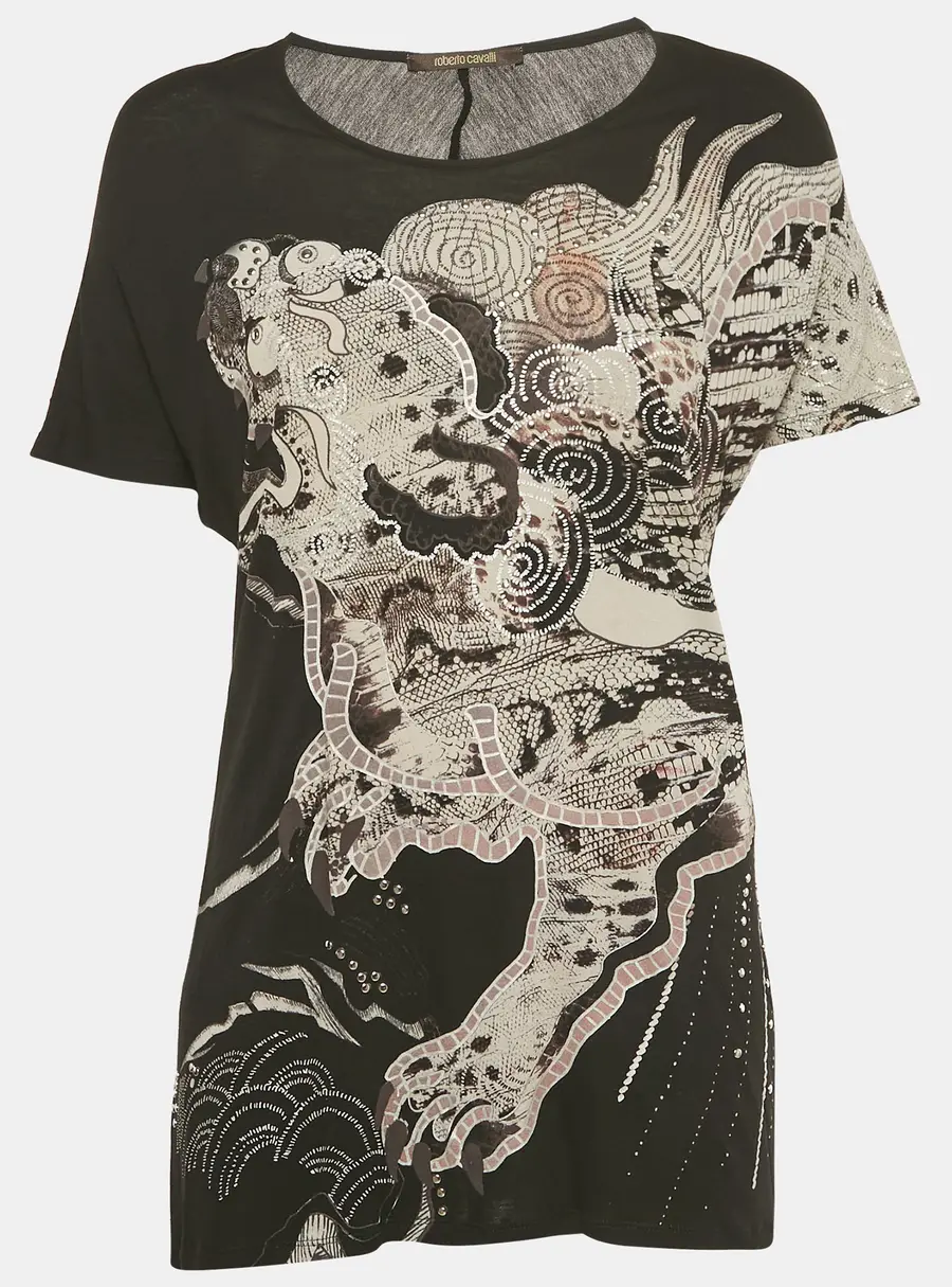 Roberto Cavalli Black Printed Stud Detail Jersey T-Shirt M