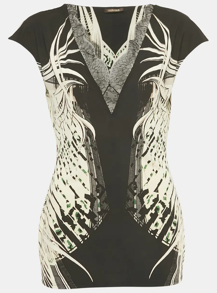 Roberto Cavalli Black /White Printed Lace Detail Jersey Top L