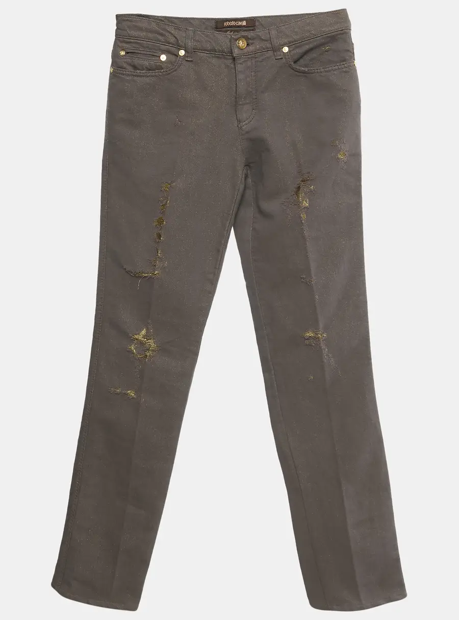 Roberto Cavalli Brown & Gold Denim Distressed Straight Leg Jeans S Waist 27"