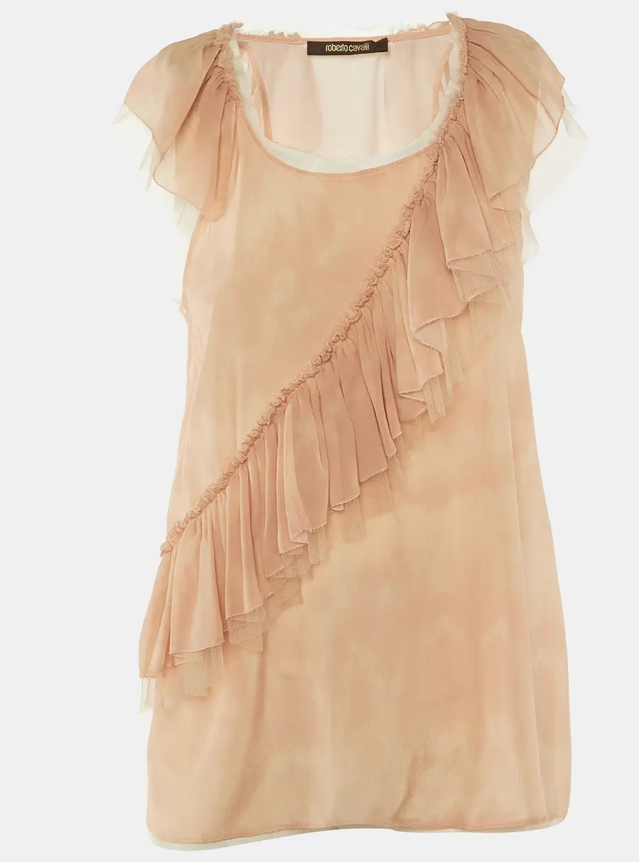Roberto Cavalli Beige Tie Dye Silk Frill Detail Top S