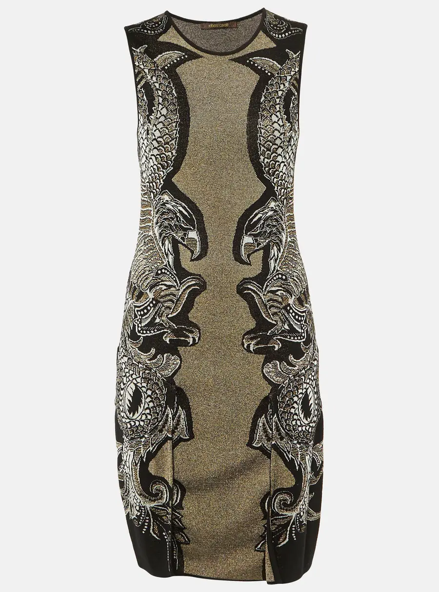 Roberto Cavalli Black Eagle Patterned Lurex Knit Short Dress S